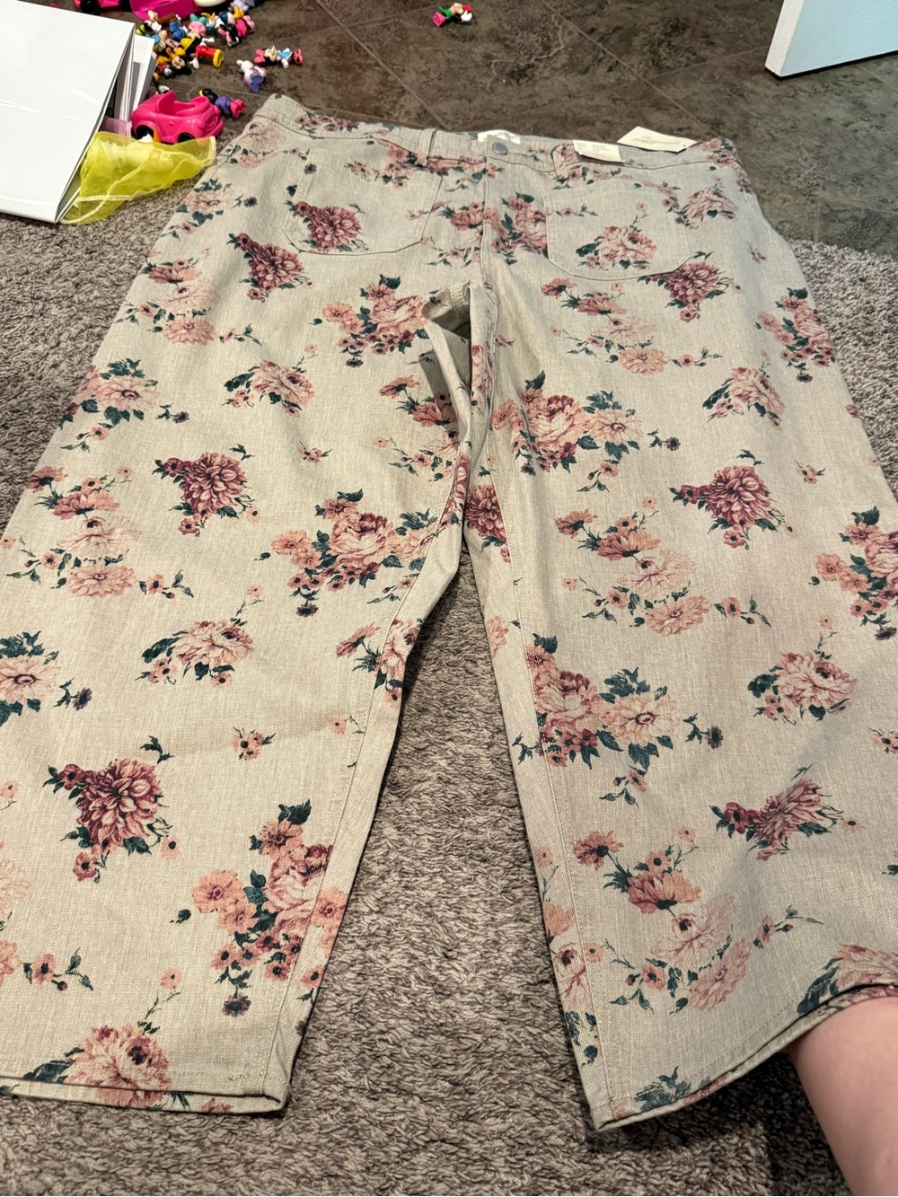 Floral Print sailor straight Wide-Leg Pants - Beige with Pink Roses